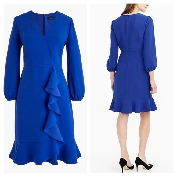 J. Crew Drapey Ruffle Front Dress, Long Sleeves, Faux Wrap, Ocean Blue size 0P - Picture 4 of 14